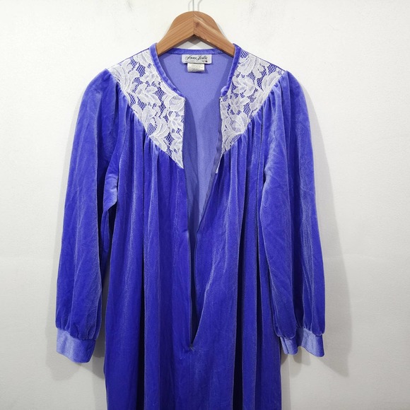 Vintage Anne Leslie Velvet Nightgown House Dress Blurple Half-Zip Lace Pocket - Picture 8 of 15